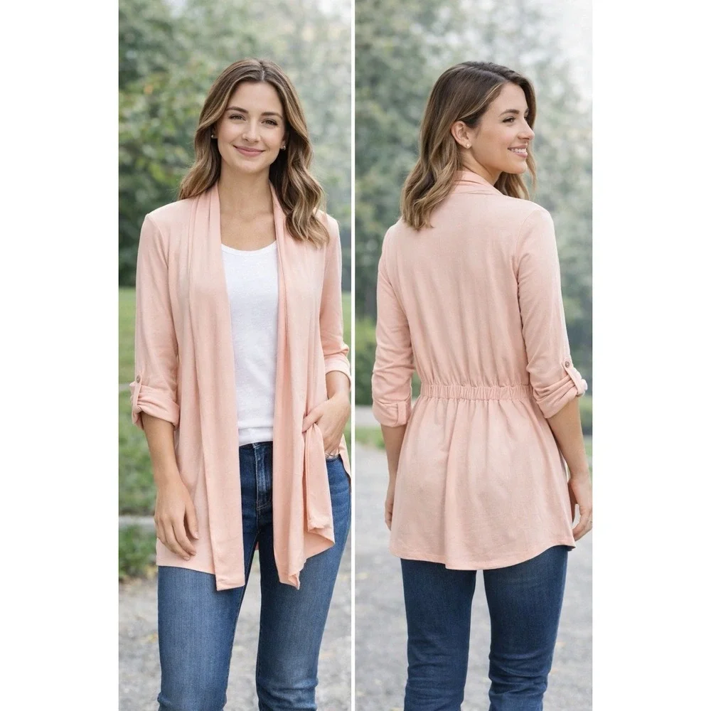 Simply Noelle Open Front Cardigan Womens L XL Peach Lightweight Long Sleeve